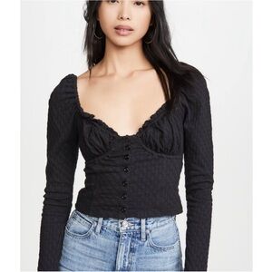 NWT Free People Ladybug Black Pheasant Crop Top Button Front Ruched Neck
